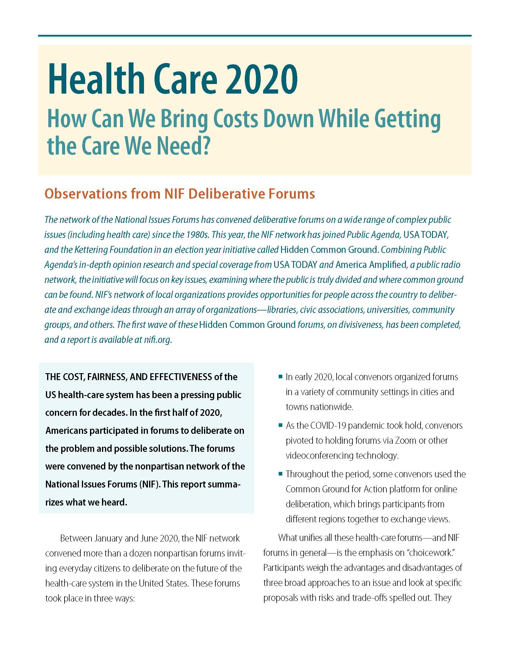 Cover of Health Care 2020 report